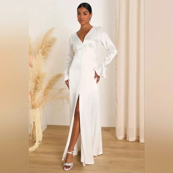 Lulus Elegant Celebration White Satin Long Sleeve Slip Maxi Dress XL Wedding - Picture 2 of 12